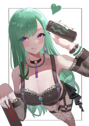 Rule 34 | 1girl, :q, absurdres, bare shoulders, bead necklace, beads, black bustier, black collar, black nails, black shorts, breasts, bustier, can, cleavage, collar, commentary request, earrings, fishnet pantyhose, fishnet thighhighs, fishnets, gem, green hair, heart, heart o-ring, highres, holding, holding can, jewelry, large breasts, long hair, long sleeves, looking at viewer, mole, mole on breast, monster energy, necklace, o-ring, o-ring thigh strap, pantyhose, pantyhose under shorts, purple eyes, see-through, see-through sleeves, short shorts, shorts, single leg pantyhose, solo, swept bangs, thigh strap, thighhighs, tongue, tongue out, very long hair, virtual youtuber, vspo!, waist ribbon, white background, yakumo beni, yakumo beni (1st costume), yofo, zipper