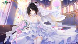 Rule 34 | 1girl, black hair, blush, bouquet, breasts, bridal veil, cleavage, date a live, date a live: spirit pledge, dress, elbow gloves, flower, gloves, heterochromia, highres, holding, holding bouquet, indoors, long dress, looking at viewer, official art, open mouth, red eyes, smile, solo, tokisaki kurumi, veil, wedding dress, white dress, white gloves, white legwear, yellow eyes
