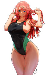 Rule 34 | 1girl, black one-piece swimsuit, blue eyes, braid, breasts, clothes writing, competition swimsuit, cowboy shot, curvy, groin, highres, holding, holding hair, hong meiling, koyubi (littlefinger1988), large breasts, long hair, looking at viewer, one-piece swimsuit, red eyes, red hair, side braids, sideboob, signature, simple background, smile, solo, standing, swimsuit, thighhighs, touhou, twin braids, white background