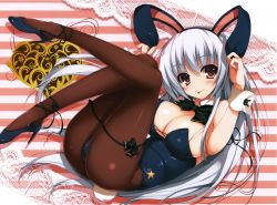 Rule 34 | 1girl, animal ears, bare shoulders, blush, bodysuit, breasts, rabbit ears, rabbit tail, cleavage, covered erect nipples, female focus, large breasts, long hair, looking at viewer, lying, on back, original, pantyhose, rabbit girl, red eyes, scan, silver hair, smile, solo, tail, tomose shunsaku, tongue, tongue out