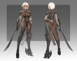 Rule 34 | 1girl, absurdres, arm behind back, armored bodysuit, bodysuit, boots, breasts, covered navel, earrings, facial scar, from behind, green eyes, grey background, high heel boots, high heels, highres, holding, holding sword, holding weapon, impossible bodysuit, impossible clothes, jewelry, ksb (qwop03), large breasts, looking at viewer, multiple views, original, scar, scar on cheek, scar on face, sheath, short hair, sword, unsheathed, very short hair, weapon, white hair