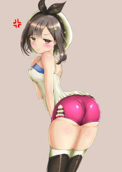 Rule 34 | 1girl, :t, absurdres, anger vein, annoyed, ass, atelier (series), atelier ryza, backless outfit, bare shoulders, blush, breasts, brown eyes, brown hair, from behind, hair ornament, hairclip, hat, highres, leaning, leaning forward, looking at viewer, looking back, medium breasts, ninyo (user pddg5877), pout, red shorts, reisalin stout, shiny clothes, shiny skin, short hair, short shorts, shorts, sideboob, solo, tears, thighhighs