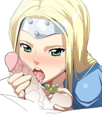 Rule 34 | 1girl, blonde hair, caressing testicles, dragon quest, dragon quest vi, fellatio, green eyes, jewelry, mireyu, necklace, oral, penis, pov, simple background, solo focus, teeth, testicles, uncensored, upper teeth only, watarabe keiichi, white background