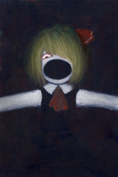 Rule 34 | 1girl, black background, blonde hair, bloodshot eyes, creepy, dark, embodiment of scarlet devil, female focus, hair over one eye, horror (theme), kakoi, open mouth, outstretched arms, red eyes, ribbon, rumia, solo, spread arms, touhou, traditional media, upper body