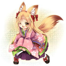 Rule 34 | 1girl, :d, alma (emil chronicle online), animal ears, bad id, bad pixiv id, bell, blonde hair, bow, chokobanira, emil chronicle online, fang, fox ears, fox tail, hair bow, japanese clothes, kimono, loki alma, long hair, long sleeves, one eye closed, open mouth, sleeves past wrists, smile, solo, tail, wink, yellow eyes