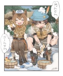 Rule 34 | 1boy, 1girl, animal ears, bath stool, bathing, belt, border, bow, bowtie, breast pocket, brown hair, captain (kemono friends), capybara (kemono friends), closed eyes, commentary request, day, fanta (the banana pistols), full body, gloves, hair between eyes, hat, hat feather, highres, holding, holding sponge, japari symbol, kemono friends, kemono friends 3, leaning forward, pantyhose under shorts, long sleeves, medium hair, open mouth, outdoors, pantyhose, pocket, shirt, shoes, short sleeves, shorts, side-by-side, sitting, smile, soap, soap bottle, soap bubbles, sponge, stool, suspenders, towel, towel on head, washing, wet, wet clothes, wet shirt, wet shorts, yellow sponge, you&#039;re doing it wrong