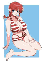 Rule 34 | 1girl, barefoot, bikini, blue background, blue eyes, border, braid, braided ponytail, breasts, cleavage, closed eyes, collarbone, highres, large breasts, legs, long hair, looking at viewer, navel, ranma-chan, ranma 1/2, red hair, single braid, siribang1215, sitting, solo, striped bikini, striped clothes, swimsuit, toes, wariza, white border