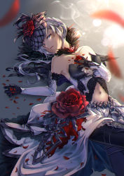 Rule 34 | 1girl, blue eyes, capelet, clothing cutout, dress, elbow gloves, feathers, flower, fur-trimmed capelet, fur trim, gloves, hand on own chest, headdress, kyashii (a3yu9mi), looking at viewer, navel cutout, open mouth, parted lips, petals, red flower, rose, short hair, sidelocks, sinoalice, smoke, snow white (sinoalice), solo, thighhighs, veil, white hair