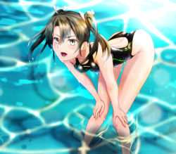 Rule 34 | 1girl, bent over, black one-piece swimsuit, breasts, commentary request, competition swimsuit, feet out of frame, green eyes, grey hair, hands on own knees, kantai collection, leaning forward, long hair, looking at viewer, one-piece swimsuit, open mouth, parazan d, small breasts, smile, solo, standing, swimsuit, twintails, water, wet, zuikaku (kancolle)