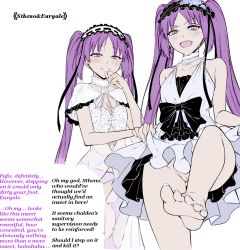 Rule 34 | 2girls, barefoot, bullying, clothes lift, english text, euryale (fate), fate/grand order, fate/hollow ataraxia, fate (series), feet, femdom, headdress, leg up, long hair, looking at viewer, multiple girls, no panties, open mouth, panties, parted lips, purple eyes, purple hair, purple panties, pussy, see-through, siblings, sisters, skirt, skirt lift, smile, smug, soles, stheno (fate), tagme, text focus, third-party edit, toes, translated, twins, twintails, uncensored, underwear