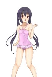 Rule 34 | absurdres, black hair, blush, frilled swimsuit, frills, highres, k-on!, long hair, nakano azusa, one-piece swimsuit, open mouth, pink one-piece swimsuit, smile, solo, swimsuit, twintails, white background, yasuc