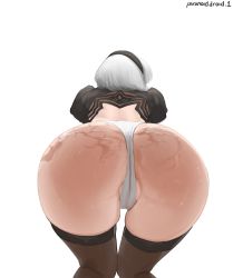 Rule 34 | 1girl, 2b (nier:automata), ass, ass focus, back cutout, cameltoe, cleft of venus, clothing cutout, hairband, highres, huge ass, juliet sleeves, leotard, long sleeves, nier:automata, nier (series), paranoid.droid, puffy sleeves, short hair, solo, thick thighs, thighhighs, thighs, wet, white background, white hair