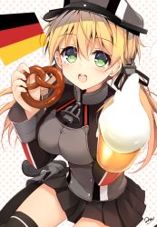 Rule 34 | 10s, 1girl, alcohol, anchor hair ornament, bad id, bad pixiv id, beer, blonde hair, blue eyes, breasts, cross, food, german flag, hair ornament, hat, highres, iron cross, kantai collection, long hair, looking at viewer, microskirt, military, military uniform, minari (minari37), open mouth, peaked cap, pretzel, prinz eugen (kancolle), skirt, solo, twintails, uniform