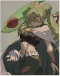 Rule 34 | 18660081532, 1girl, 1other, absurdres, black pants, border, camouflage, camouflage legwear, clenched teeth, cloak, commentary, creatures (company), crop top, double bun, flygon, game freak, gen 3 pokemon, gloves, great ball, green hair, green leggings, grey background, ground miku (project voltage), hair between eyes, hair bun, hatsune miku, highres, holding, holding poke ball, leggings, long hair, midriff, navel, nintendo, open mouth, orange eyes, pants, poke ball, pokemon, pokemon (creature), project voltage, single glove, smile, teeth, twintails, vocaloid, white border, white cloak, white gloves, wrist wrap