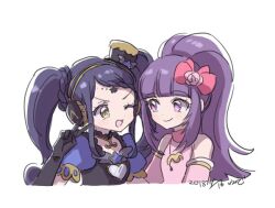 Rule 34 | 2girls, :d, bare shoulders, blue hair, blunt bangs, bow, braid, braided bangs, closed mouth, cropped torso, detached sleeves, forehead jewel, garara s leep, hair bow, hanazono shuka, hand up, hat, head chain, headphones, idol time pripara, jewelry, long hair, looking at another, mini hat, multiple girls, necklace, open mouth, pink bow, ponytail, pretty series, pripara, puffy short sleeves, puffy sleeves, purple eyes, purple hair, rituyama1, short sleeves, simple background, smile, star (symbol), twintails, upper body, v, v-shaped eyebrows, white background, yellow eyes