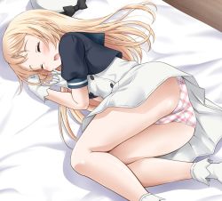 Rule 34 | 1girl, ass, bare legs, bed, beret, black bow, black jacket, blonde hair, blue sailor collar, blush, bow, buttons, closed eyes, commentary request, cropped jacket, double-breasted, dress, eyelashes, gloves, hat, hat bow, indoors, jacket, jervis (kancolle), kantai collection, long hair, lying, neko danshaku, on bed, on side, open clothes, open jacket, open mouth, panties, plaid, plaid panties, sailor collar, shadow, shoes, short sleeves, sidelocks, sleeping, solo, teeth, thighs, underwear, unworn hat, unworn headwear, upper teeth only, white dress, white footwear, white gloves, white hat, white panties, wooden floor