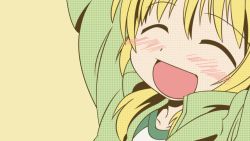 Rule 34 | 00s, 1girl, arms up, artist request, blonde hair, blush, brown background, closed eyes, happy, hidamari sketch, highres, miyako (hidamari sketch), open mouth, solo, vector trace, wallpaper