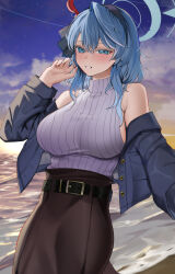 Rule 34 | 1girl, ako (blue archive), beach, belt, black belt, black hairband, black jacket, black skirt, blue archive, blue eyes, blue hair, blue halo, blush, breasts, hair between eyes, hairband, halo, highres, jacket, large breasts, long hair, ocean, open clothes, open jacket, open mouth, outdoors, ribbed sweater, san (harutuki 3), sideboob, skirt, sleeveless, sleeveless sweater, smile, solo, sweater, white sweater