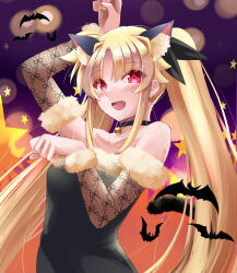 Rule 34 | 1girl, animal ears, arm up, bare shoulders, bat (animal), bell, black choker, black dress, black ribbon, black sleeves, blonde hair, cat ears, choker, commentary, detached sleeves, dress, fate testarossa, fur-trimmed dress, fur-trimmed sleeves, fur trim, hair ribbon, hand up, highres, jingle bell, lace sleeves, long hair, looking at viewer, lyrical nanoha, neck bell, open mouth, paw pose, ribbon, smile, solo, sougetsu izuki, standing, star (symbol), strapless, strapless dress, twintails, very long hair