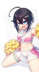 Rule 34 | 1girl, :d, ahoge, bare shoulders, black hair, blue eyes, breasts, cheerleader, commentary request, crop top, hair ornament, highres, kneeling, medium breasts, midriff, multicolored clothes, multicolored skirt, navel, nijisanji, open mouth, pink skirt, poifuru, pom pom (clothes), short hair, simple background, skirt, sleeveless, smile, solo, sorahoshi kirame, stomach, thigh strap, thighs, virtual youtuber, white background, white skirt