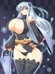 Rule 34 | 00s, 1girl, black panties, black thighhighs, blush, breasts, center opening, cleavage, cosplay, detached sleeves, female focus, gloves, gradient background, hair ornament, highres, hip focus, huge breasts, long hair, military, military uniform, navel, panties, polearm, red eyes, sangokushi taisen, selvaria bles (cosplay), senjou no valkyria, senjou no valkyria (series), senjou no valkyria 1, shield, silver hair, solo, spear, sun shang xiang, thighhighs, underwear, uniform, weapon, wedge (tyrl stride), wide hips
