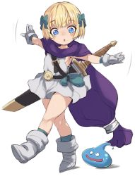 Rule 34 | 1girl, :o, aqua bow, balancing, blonde hair, blue eyes, boots, bow, cape, child, dragon quest, dragon quest v, dress, gloves, hair bow, hero&#039;s daughter (dq5), karukan (monjya), outstretched arms, purple cape, scabbard, sheath, sheathed, short dress, short hair, simple background, sleeveless, slime (creature), slime (dragon quest), spread arms, standing, standing on one leg, sword, tareme, weapon, white background, white footwear, white gloves