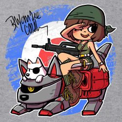 Rule 34 | 1girl, bare shoulders, belt, boots, brown hair, bryan lee o&#039;malley, character request, commentary, cyclops, durag, dog, dog tags, eyepatch, knife, mercenary kings, metal wolf, one-eyed, open mouth, robot, salute, short hair, shorts, signature, smile, target, watch, wink