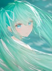 Rule 34 | 1girl, absurdres, blurry, blurry background, copyright request, day, eyelashes, green background, green eyes, green hair, hatsune miku, highres, light, light rays, long hair, looking to the side, ojay tkym, parted lips, portrait, simple background, solo, tank top, twintails, very long hair