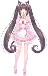 Rule 34 | 1girl, animal ear fluff, animal ear legwear, animal ears, apron, bell, blunt bangs, blush, bow, bowtie, breasts, brown eyes, brown hair, cat ear legwear, cat ears, cat girl, cat tail, chocola (nekopara), cleavage, cleavage cutout, clothing cutout, commentary, dress, frilled apron, frilled dress, frills, full body, hand up, jingle bell, juliet sleeves, long hair, long sleeves, looking at viewer, name tag, nekopara, official art, pink bow, pink bowtie, pink dress, pink footwear, pink thighhighs, puffy sleeves, sayori (neko works), shoes, slit pupils, small breasts, solo, tail, thighhighs, transparent background, twintails, very long hair, waist apron, zettai ryouiki