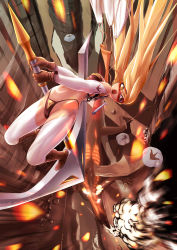 Rule 34 | 1girl, action, armor, bikini armor, bird, black panties, blonde hair, boots, breasts, brown footwear, cameltoe, chaps, detached sleeves, dragon, explosion, falling, fantasy, fire, from above, gloves, hair between eyes, highleg, highleg panties, highres, holding, holding weapon, huge weapon, knee boots, kondosan, long hair, looking to the side, mask, medium breasts, midriff, motion blur, navel, open mouth, original, outdoors, panties, parachute, polearm, rock, smoke, solo, underwear, weapon, yellow eyes