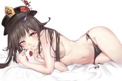 Rule 34 | 1girl, black panties, blush, boo tao (genshin impact), breasts, brown hair, commentary request, finger to mouth, flower, flower-shaped pupils, genshin impact, hair censor, hair down, hat, hat flower, hat tassel, highres, hu tao (genshin impact), index finger raised, long hair, lying, medium breasts, navel, on side, panties, plum blossoms, porkpie hat, red eyes, red flower, revision, shushing, side-tie panties, symbol-shaped pupils, topless, underwear, untied panties, vv-zz