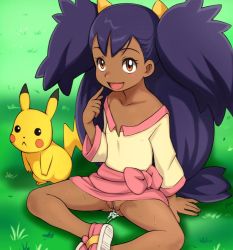 Rule 34 | 10s, 1girl, :&lt;, blush, bottomless, brown eyes, cleft of venus, creatures (company), dark skin, e10, female focus, flat chest, game freak, gen 1 pokemon, gym leader, iris (pokemon), jpeg artifacts, long hair, nintendo, pikachu, pokemon, pokemon (anime), pokemon (creature), pokemon bw, purple hair, pussy, sitting, third-party edit, twintails, uncensored