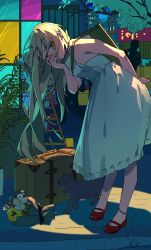 Rule 34 | 1girl, anklet, arm behind back, bent over, blonde hair, bouquet, cat, covering own mouth, dress, flower, guozimiao, hand on own face, highres, jewelry, ladder, long hair, looking at viewer, night, red eyes, red footwear, sakura-sou no pet na kanojo, shiina mashiro, shoulder strap, suitcase, white dress
