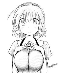 Rule 34 | 1girl, alice margatroid, breasts, collarbone, greyscale, hair between eyes, hairband, large breasts, looking at viewer, monochrome, own hands together, smile, taurine 8000mg, touhou, twitter username