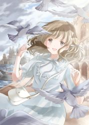Rule 34 | 1girl, absurdres, architecture, arms up, bag, bird, blue dress, blue sky, brown eyes, cloud, commentary request, cowboy shot, day, dove, dress, facing viewer, gondola, hair blowing, hair ribbon, handbag, highres, hoshiibara mato, leaning to the side, light brown hair, light particles, looking up, medium hair, neck ribbon, open mouth, original, outdoors, pier, ribbon, shadow, short sleeves, sky, solo, standing, thick eyebrows, venice, walkway, water
