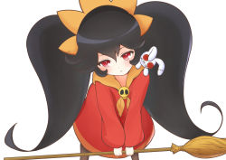 Rule 34 | 1girl, :&lt;, ashley (warioware), big hair, blush, broom, button eyes, buttons, closed mouth, dot nose, dress, eyebrows, eyelashes, female focus, from above, hair between eyes, hairband, highres, holding, holding broom, long hair, long sleeves, looking at viewer, nintendo, orange hairband, orange neckwear, red dress, red eyes, sidelocks, simple background, skull, solo, standing, stuffed animal, stuffed rabbit, stuffed toy, twintails, warioware, white background