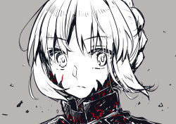 Rule 34 | 1girl, aizawa85, artoria pendragon (all), artoria pendragon (fate), braid, commentary request, fate/stay night, fate (series), frown, grey background, greyscale, looking at viewer, medium hair, monochrome, portrait, saber alter, simple background, sketch, solo, tagme