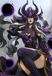 Rule 34 | 1girl, armor, black thighhighs, breasts, cleavage, ear protection, elbow gloves, energy ball, fingerless gloves, floating hair, forehead jewel, forehead protector, gloves, glowing, glowing eyes, helmet, large breasts, league of legends, lips, lipstick, long hair, makeup, neo-tk.., no pupils, nose, orb, pauldrons, purple eyes, shoulder armor, silver hair, solid eyes, solo, syndra, thighhighs, vambraces, very long hair