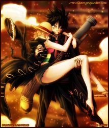 Rule 34 | 1boy, 1girl, artist name, barefoot, belt, black hair, blood, blood from mouth, blood in mouth, blood on face, blood on hands, carrying, coat, collaboration, colorized, cutoffs, denim, denim shorts, fire, formal, gun, hat, law67, monkey d. luffy, nami (one piece), necktie, one piece, one piece: strong world, orange hair, pants, princess carry, protecting, sagatsune, sandals, scar, serious, shorts, signature, straw hat, suit, torn clothes, torn coat, torn pants, watermark, weapon, web address