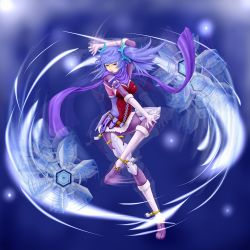 Rule 34 | 1girl, blue eyes, blue hair, corset, dance princess of the ice barrier, duel monster, matching hair/eyes, purple scarf, scarf, short twintails, solo, twintails, usoutsuki, weapon, yu-gi-oh!