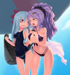 Rule 34 | 10s, 2girls, :d, between breasts, bikini, blue hair, blush, breasts, chandelure, covered erect nipples, creatures (company), game freak, gen 5 pokemon, hair ornament, holding, homura subaru, hydreigon, long hair, medium breasts, multiple girls, navel, nintendo, one-piece swimsuit, open mouth, personification, pokemon, pokemon bw, ponytail, purple hair, red eyes, revision, small breasts, smile, swimsuit, towel, wet, yellow eyes, yuri