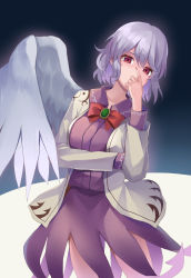 Rule 34 | 1girl, absurdres, covered mouth, cowboy shot, dress, feathered wings, grey hair, grey jacket, hair between eyes, highres, jacket, kishin sagume, koizumo, long sleeves, open clothes, open jacket, purple dress, red eyes, short hair, single wing, solo, touhou, white wings, wings