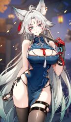 Rule 34 | 1girl, absurdres, animal ear fluff, animal ears, aqua eyes, black thighhighs, blue dress, breasts, china dress, chinese clothes, commentary, covered navel, cowboy shot, dress, feixiao (honkai: star rail), folding fan, fox ears, foxyreine, hair intakes, hand fan, highres, holding, holding fan, honkai: star rail, honkai (series), large breasts, long hair, looking at viewer, panties, pelvic curtain, side-tie panties, sleeveless, sleeveless dress, smile, solo, standing, thighhighs, thighs, underwear, very long hair, white hair