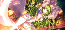 Rule 34 | 1girl, anklet, arabian clothes, arms up, artist request, breasts, c.c., chinese lantern, code geass, code geass: lost stories, crop top, dancing, dutch angle, earrings, female focus, floating, floating hair, floating object, game cg, gem, green hair, hairband, hoop earrings, jewelry, lantern, leg up, light particles, long hair, long sleeves, looking at viewer, medium breasts, navel, necklace, night, non-web source, official art, open mouth, outdoors, puffy long sleeves, puffy sleeves, red gemstone, see-through, see-through sleeves, shirt, sidelocks, solo, sparkle, standing, standing on one leg, stomach, teeth, thighlet, thighs, tongue, underboob, very long hair, white shirt, yellow eyes, yellow hairband