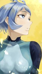 Rule 34 | 1girl, absurdres, antenna hair, blue eyes, blue hair, boku no hero academia, breasts, collarbone, fengling (furin-jp), hadou nejire, highres, large breasts, looking to the side, looking up, profile, short hair, simple background, solo, tight clothes, uniform, yellow background