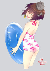 Rule 34 | 10s, 1girl, :d, ^ ^, alternate costume, ass, bare shoulders, blush, brown hair, closed eyes, commentary request, cowboy shot, dated, grey background, headgear, heart, heart print, highres, innertube, kantai collection, one-piece swimsuit, open mouth, short hair, simple background, smile, solo, standing, swim ring, swimsuit, teeth, twitter username, upper teeth only, weshika, yukikaze (kancolle)