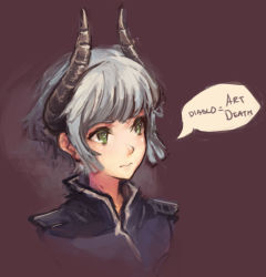 Rule 34 | androgynous, demon girl, english text, epaulettes, gender request, green eyes, horns, short hair, silver hair, softmode, solo, demon girl, text focus, truth, upper body