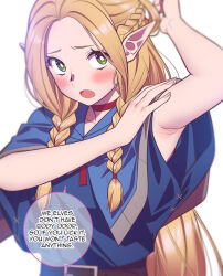 Rule 34 | 1girl, andrian januar adilia, armpits, blonde hair, blue capelet, blue robe, blush, capelet, collarbone, commentary, dungeon meshi, elf, english text, green eyes, highres, hood, hooded capelet, long hair, looking at viewer, marcille donato, open mouth, pointy ears, robe, solo, speech bubble, upper body, white background