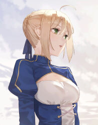 Rule 34 | 1girl, ahoge, artoria pendragon (all), artoria pendragon (fate), blonde hair, blue dress, blue ribbon, breasts, cleavage, cleavage cutout, clothing cutout, cloud, commentary, dress, fate (series), green eyes, hair ribbon, hair up, highres, juliet sleeves, long sleeves, looking afar, medium breasts, outdoors, puffy sleeves, ribbon, saber (fate), sidelocks, sky, solo, standing, tesin (7aehyun), two side up, upper body, whip, white dress
