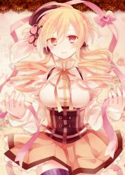 Rule 34 | 10s, 1girl, blonde hair, breasts, drill hair, female focus, hat, ibara riato, magical girl, mahou shoujo madoka magica, mahou shoujo madoka magica (anime), skirt, solo, thighhighs, tomoe mami, twin drills, twintails, yellow eyes